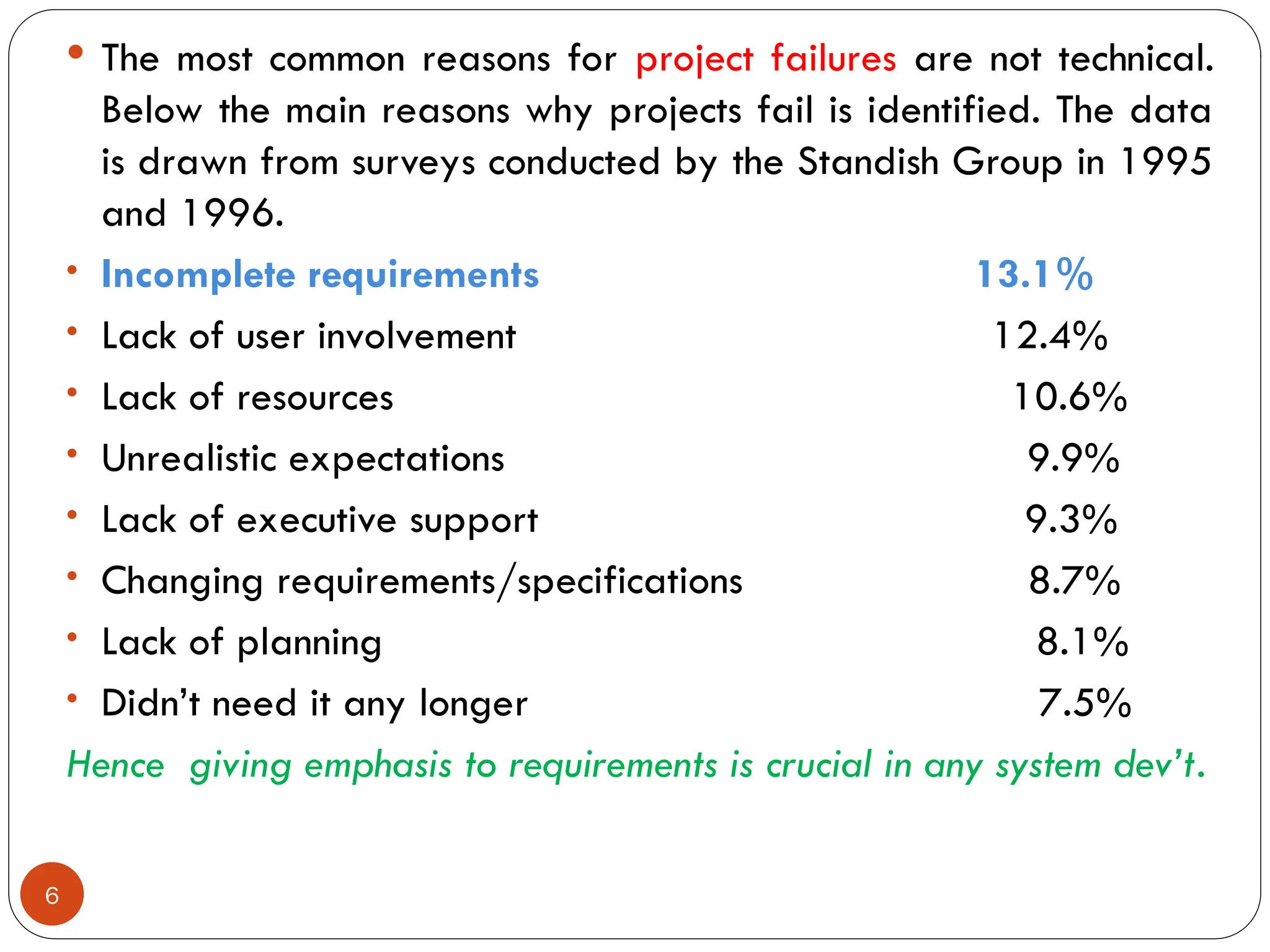  The most common reasons for project failures are not technical.
Below the main reasons why projects fail is identified. The data
is drawn from surveys conducted by the Standish Group in 1995
and 1996.
• Incomplete requirements 13.1%
• Lack of user involvement 12.4%
• Lack of resources 10.6%
• Unrealistic expectations 9.9%
• Lack of executive support 9.3%
• Changing requirements/specifications 8.7%
• Lack of planning 8.1%
• Didn’t need it any longer 7.5%
Hence giving emphasis to requirements is crucial in any system dev’t.
6
 