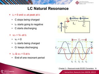 21
LC Natural Resonance
 iLr = 0 and vCr at peak at t2
• C stops being charged
• iLr starts going to negative
• C starts discharging
 vCr = Vin at t3
• vLr = 0
• Lr starts being charged
• Cr keeps discharging
 iLr & vCr = 0 at t4
• End of one resonant period
Chapter 3 – Resonant-mode DC/DC Converters
 