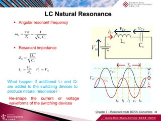 22
LC Natural Resonance
 Angular resonant frequency
 Resonant impedance
0
0
2 1
 
r r
T L C


0  r
r
L
Z
C
0
 
in
r r in
V
I V V
Z
What happen if additional Lr and Cr
are added to the switching devices to
produce natural resonance?
Chapter 3 – Resonant-mode DC/DC Converters
Re-shape the current or voltage
waveforms of the switching devices
 