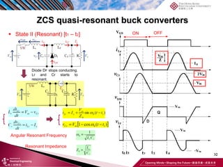 32
ZCS quasi-resonant buck converters
Angular Resonant Frequency
Resonant Impedance
 State II (Resonant) [t1 – t2] ON OFF
Diode DF stops conducting.
Lr and Cr starts to
resonant.
 