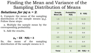 Finding the Mean and Variance of the
Sampling Distribution of Means
Solutions for (a) n = 2:
6. Compute the mean of the sampling
distribution of the sample means (μX).
Follow these steps:
a. Multiply the sample mean by the
corresponding probability.
b. Add the results.
μX = ΣX · P(X) = 3
So, the mean of the sampling
distribution of the sample means is 3.
Sample
Mean (X)
Probability
P(X)
X · P(X)
1.5 0.1 0.15
2 0.1 0.2
2.5 0.2 0.5
3 0.2 0.6
3.5 0.2 0.7
4 0.1 0.4
4.5 0.1 0.45
Total 1 ΣX · P(X) = 3
 