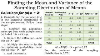 Finding the Mean and Variance of the
Sampling Distribution of Means
Solutions for (a) n = 2:
7. Compute for the variance (σ2
X)
of the sampling distribution of
the sample means. Follow these
steps:
a. Subtract the population
mean (μ) from each sample mean
(x). Label this as X – μ.
b. Square the difference. Label
this as (X – μ)2.
c. Multiply the results by the
corresponding probability. Label
this as P(X) · (X – μ)2
d. Add the results.
Sample
Mean (X)
Probability
P(X)
X – μ (X – μ)2 P(X) · (X – μ)2
1.5 0.1 -1.5 2.25 0.225
2 0.1 -1 1 0.1
2.5 0.2 -0.5 0.25 0.050
3 0.2 0 0 0
3.5 0.2 0.5 0.25 0.050
4 0.1 1 1 0.1
4.5 0.1 1.5 2.25 0.225
Total 1 0.750
σ2 = ΣP(X) · (X – μ)2 = 0.75
So, the variance of the sampling
distribution is 0.75.
 