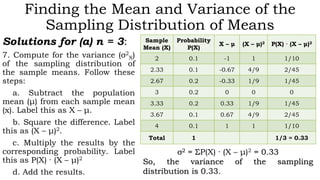 Finding the Mean and Variance of the
Sampling Distribution of Means
Solutions for (a) n = 3:
7. Compute for the variance (σ2
X)
of the sampling distribution of
the sample means. Follow these
steps:
a. Subtract the population
mean (μ) from each sample mean
(x). Label this as X – μ.
b. Square the difference. Label
this as (X – μ)2.
c. Multiply the results by the
corresponding probability. Label
this as P(X) · (X – μ)2
d. Add the results.
Sample
Mean (X)
Probability
P(X)
X – μ (X – μ)2 P(X) · (X – μ)2
2 0.1 -1 1 1/10
2.33 0.1 -0.67 4/9 2/45
2.67 0.2 -0.33 1/9 1/45
3 0.2 0 0 0
3.33 0.2 0.33 1/9 1/45
3.67 0.1 0.67 4/9 2/45
4 0.1 1 1 1/10
Total 1 1/3 = 0.33
σ2 = ΣP(X) · (X – μ)2 = 0.33
So, the variance of the sampling
distribution is 0.33.
 
