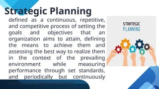 defined as a continuous, repetitive,
and competitive process of setting the
goals and objectives that an
organization aims to attain, defining
the means to achieve them and
assessing the best way to realize them
in the context of the prevailing
environment while measuring
performance through set standards,
and periodically but continuously
conducting reassessments.
Strategic Planning
 