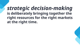 strategic decision-making
is deliberately bringing together the
right resources for the right markets
at the right time.
 