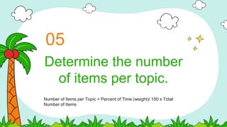 Determine the number
of items per topic.
05
Number of Items per Topic = Percent of Time (weight)/ 100 x Total
Number of Items
 