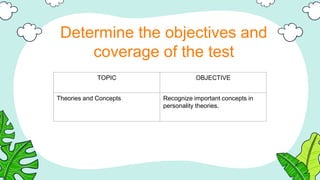 Determine the objectives and
coverage of the test
TOPIC OBJECTIVE
Theories and Concepts Recognize important concepts in
personality theories.
 