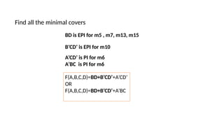 Find all the minimal covers
BD is EPI for m5 , m7, m13, m15
B’CD’ is EPI for m10
A’CD’ is PI for m6
A’BC is PI for m6
F(A,B,C,D)=BD+B’CD’+A’CD’
OR
F(A,B,C,D)=BD+B’CD’+A’BC
 