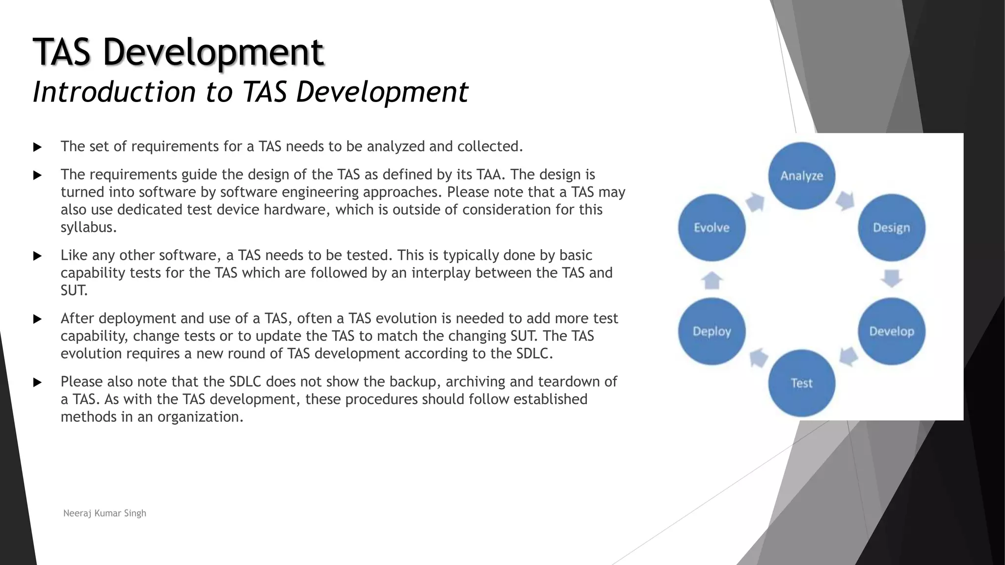 TAS Development
Introduction to TAS Development
 The set of requirements for a TAS needs to be analyzed and collected.
 The requirements guide the design of the TAS as defined by its TAA. The design is
turned into software by software engineering approaches. Please note that a TAS may
also use dedicated test device hardware, which is outside of consideration for this
syllabus.
 Like any other software, a TAS needs to be tested. This is typically done by basic
capability tests for the TAS which are followed by an interplay between the TAS and
SUT.
 After deployment and use of a TAS, often a TAS evolution is needed to add more test
capability, change tests or to update the TAS to match the changing SUT. The TAS
evolution requires a new round of TAS development according to the SDLC.
 Please also note that the SDLC does not show the backup, archiving and teardown of
a TAS. As with the TAS development, these procedures should follow established
methods in an organization.
Neeraj Kumar Singh
 