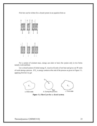 First law can be written for a closed system in an equation form as 
ù 
úû 
Energyleft 
intothe system 
é 
contentofthesystem 
é 
=úû 
êë 
ù 
é 
+úû 
êë 
ù 
êë 
Changeintheenergy 
the system 
Energyentered 
For a system of constant mass, energy can enter or leave the system only in two forms 
namely work and heat. 
Let a closed system of initial energy E1 receives Q units of net heat and gives out W units 
of work during a process. If E2 is energy content at the end of the process as given in Figure 3.1, 
applying first law we get 
Thermodynamics I [MIME3110] 23 
 