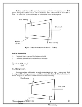 Turbines are devices used in hydraulic, steam and gas turbine power plants. As the fluid 
passes   through the turbine, work is done on the blades of the turbine which are attached to a 
shaft. Due to the work given to the blades, the turbine shaft rotates producing work. 
Mass entering 
Shaft work 
Mass leaving 
Figure 3.4 Schematic Representation of a Turbine 
Control 
Surface 
General Assumptions 
1. Changes in kinetic energy of the fluid are negligible 
2. Changes in potential energy of the fluid are negligible. 
[ ] [( )] 2 1 Q -W = m h -h ... 
(3.11) 
3.7.2 Compressors 
Compressors (fans and blowers) are work consuming devices, where a low-pressure fluid 
is compressed by utilising mechanical work. Blades attached to the shaft of the turbine imparts 
kinetic energy to the fluid which is later converted into pressure energy. 
Thermodynamics I [MIME3110] 29 
Mass entering 
Mass leaving 
Shaft work 
Control 
Surface 
 