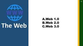 A.Web 1.0
B.Web 2.0
C.Web 3.0
The Web
 