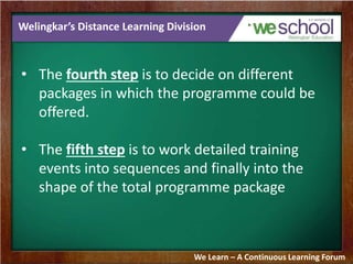 Welingkar’s Distance Learning Division 
• The fourth step is to decide on different 
packages in which the programme could be 
offered. 
• The fifth step is to work detailed training 
events into sequences and finally into the 
shape of the total programme package 
We Learn – A Continuous Learning Forum 
 