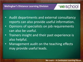 Welingkar’s Distance Learning Division 
• Audit departments and external consultancy 
reports can also provide useful information. 
• Opinions of specialists on job requirements 
can also be useful. 
• Trainers insight and their past experience is 
also helpful. 
• Management audit on the teaching effects 
may provide useful leads. 
We Learn – A Continuous Learning Forum 
 