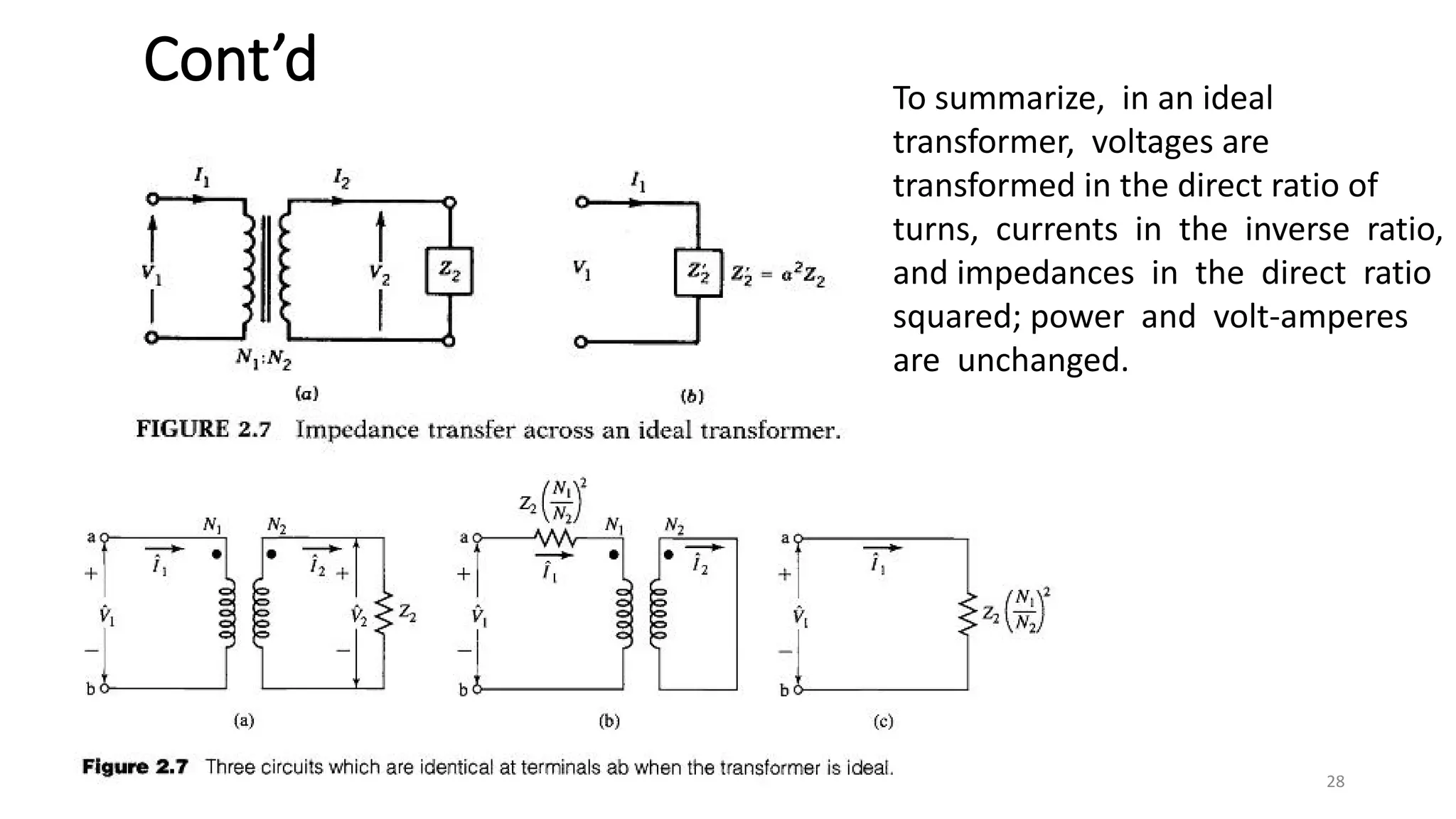 Cont’d To summarize, in an ideal
transformer, voltages are
transformed in the direct ratio of
turns, currents in the inverse ratio,
and impedances in the direct ratio
squared; power and volt-amperes
are unchanged.
28
 