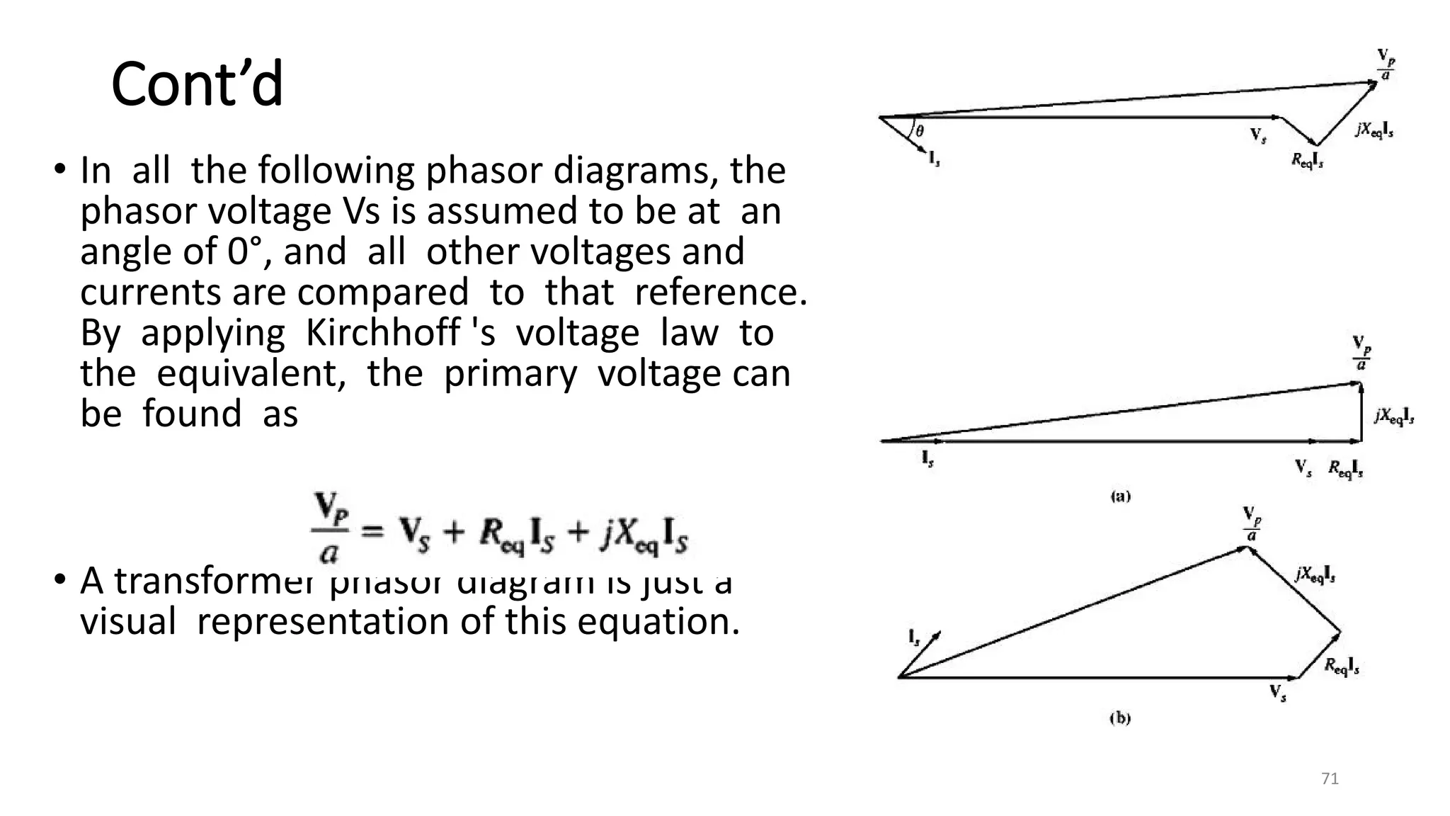 Cont’d
• In all the following phasor diagrams, the
phasor voltage Vs is assumed to be at an
angle of 0°, and all other voltages and
currents are compared to that reference.
By applying Kirchhoff 's voltage law to
the equivalent, the primary voltage can
be found as
• A transformer phasor diagram is just a
visual representation of this equation.
71
 
