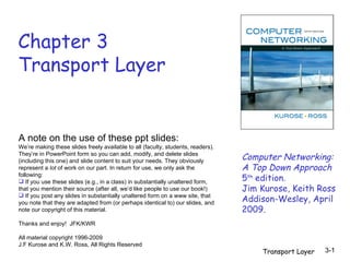 Chapter 3 Transport Layer Computer Networking: A Top Down Approach  5 th  edition.  Jim Kurose, Keith Ross Addison-Wesley, April 2009.  ,[object Object],[object Object],[object Object],[object Object],[object Object],[object Object],[object Object]