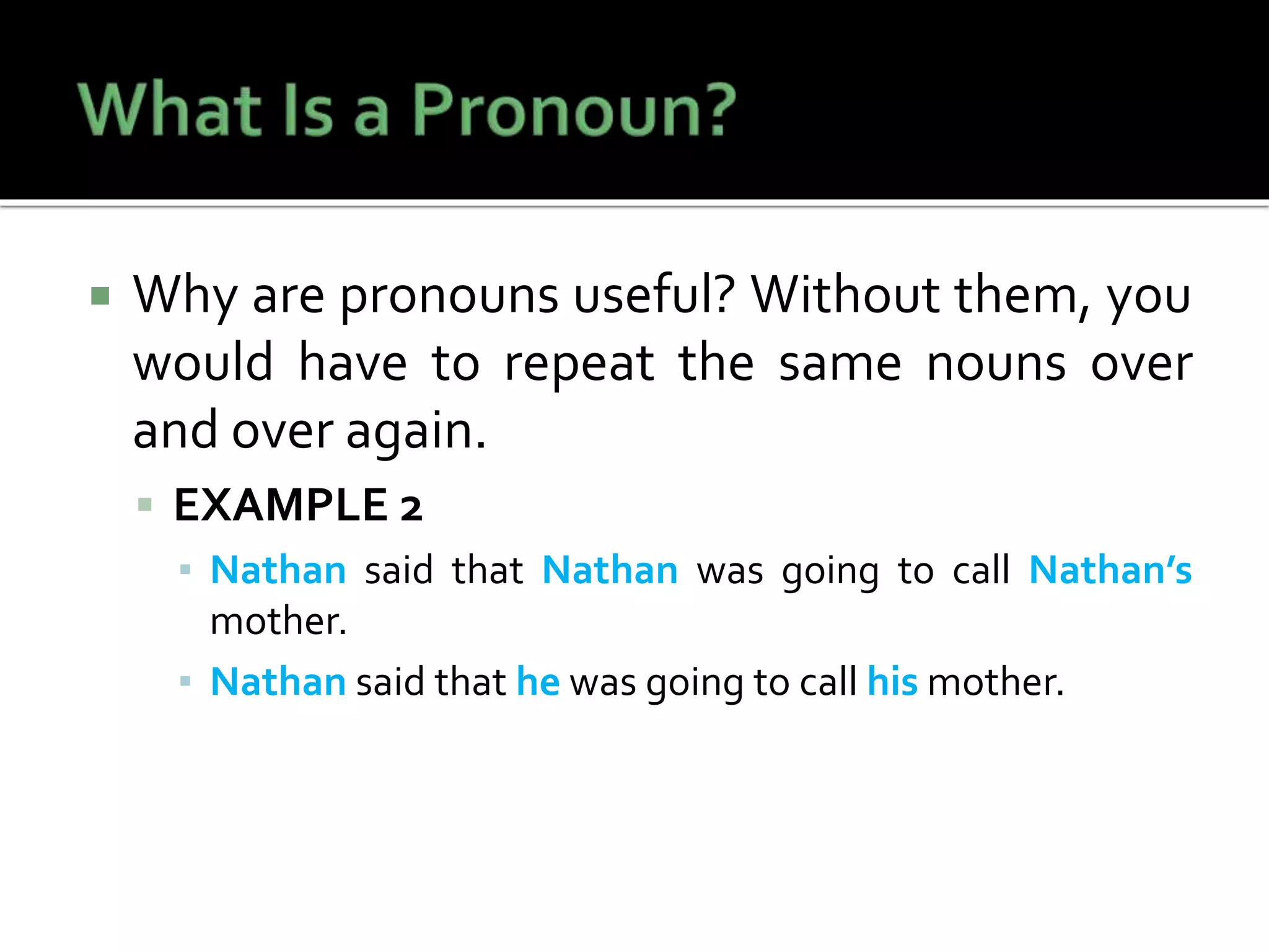  Why are pronouns useful? Without them, you
would have to repeat the same nouns over
and over again.
 EXAMPLE 2
▪ Nathan said that Nathan was going to call Nathan’s
mother.
▪ Nathan said that he was going to call his mother.
 