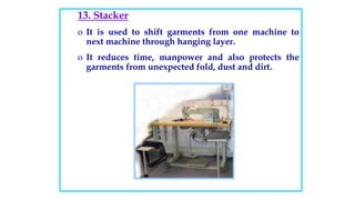 13. Stacker
o It is used to shift garments from one machine to
next machine through hanging layer.
o It reduces time, manpower and also protects the
garments from unexpected fold, dust and dirt.
 