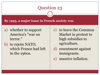 Question 23

By 1995, a major issue in French society was


a) whether to support          c) to leave the Common
   America's "war on              Market in protest to
   terror."                       high subsidies to
b) to rejoin NATO,                agriculture.
   which France had left       d) resentment against
   in the 1960s.                  immigrants.
                               e) massive inflation.
 