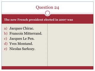 Question 24

The new French president elected in 2007 was


a)   Jacques Chirac.
b)   Francois Mitterrand.
c)   Jacques Le Pen.
d)   Yves Montand.
e)   Nicolas Sarkozy.
 