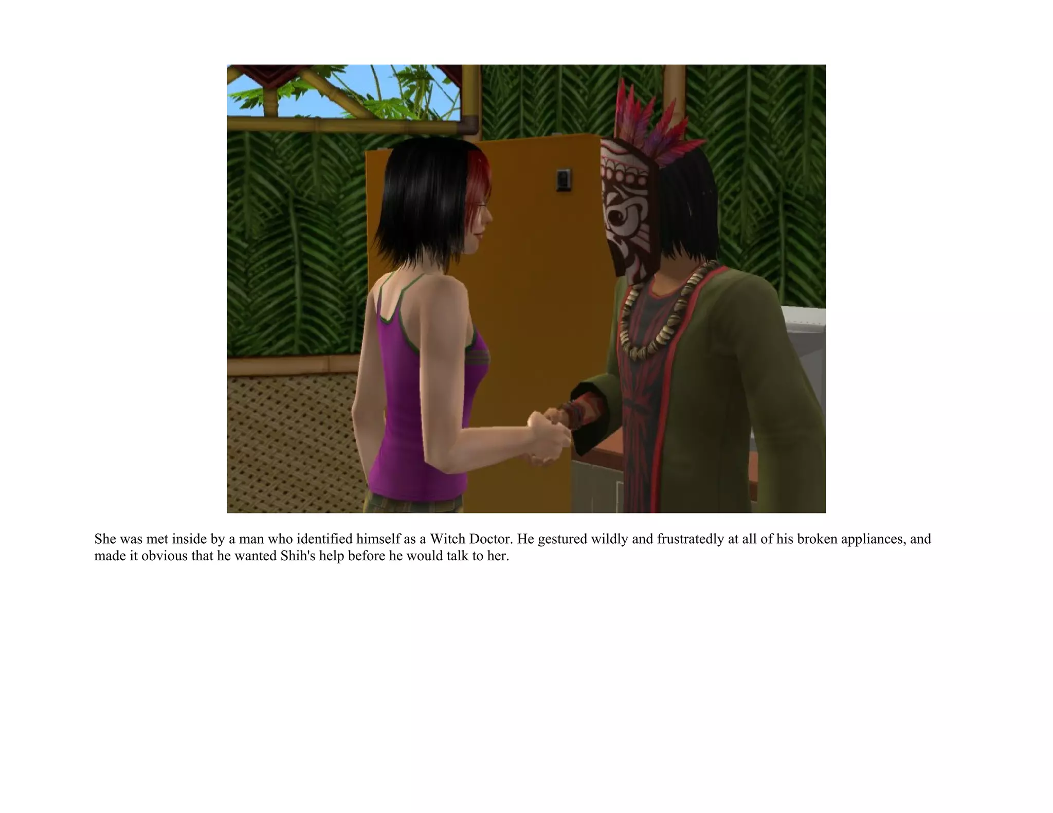 She was met inside by a man who identified himself as a Witch Doctor. He gestured wildly and frustratedly at all of his broken appliances, and
made it obvious that he wanted Shih's help before he would talk to her.
 