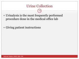 Urine Collection
 Urinalysis is the most frequently performed
procedure done in the medical office lab
 Giving patient instructions
Deborah Walker, ARNP, BSN, MN
19
 