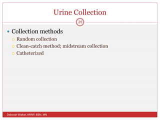 Urine Collection
 Collection methods
 Random collection
 Clean-catch method; midstream collection
 Catheterized
Deborah Walker, ARNP, BSN, MN
25
 