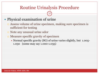Routine Urinalysis Procedure
 Physical examination of urine
 Assess volume of urine specimen, making sure specimen is
sufficient for testing
 Note any unusual urine odor
 Measure specific gravity of specimen
 Normal specific gravity (SG) of urine varies slightly, but 1.005-
1.030 (some may say 1.000-1.035)
Deborah Walker, ARNP, BSN, MN
27
 