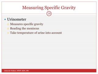 Measuring Specific Gravity
 Urinometer
 Measures specific gravity
 Reading the meniscus
 Take temperature of urine into account
Deborah Walker, ARNP, BSN, MN
29
 