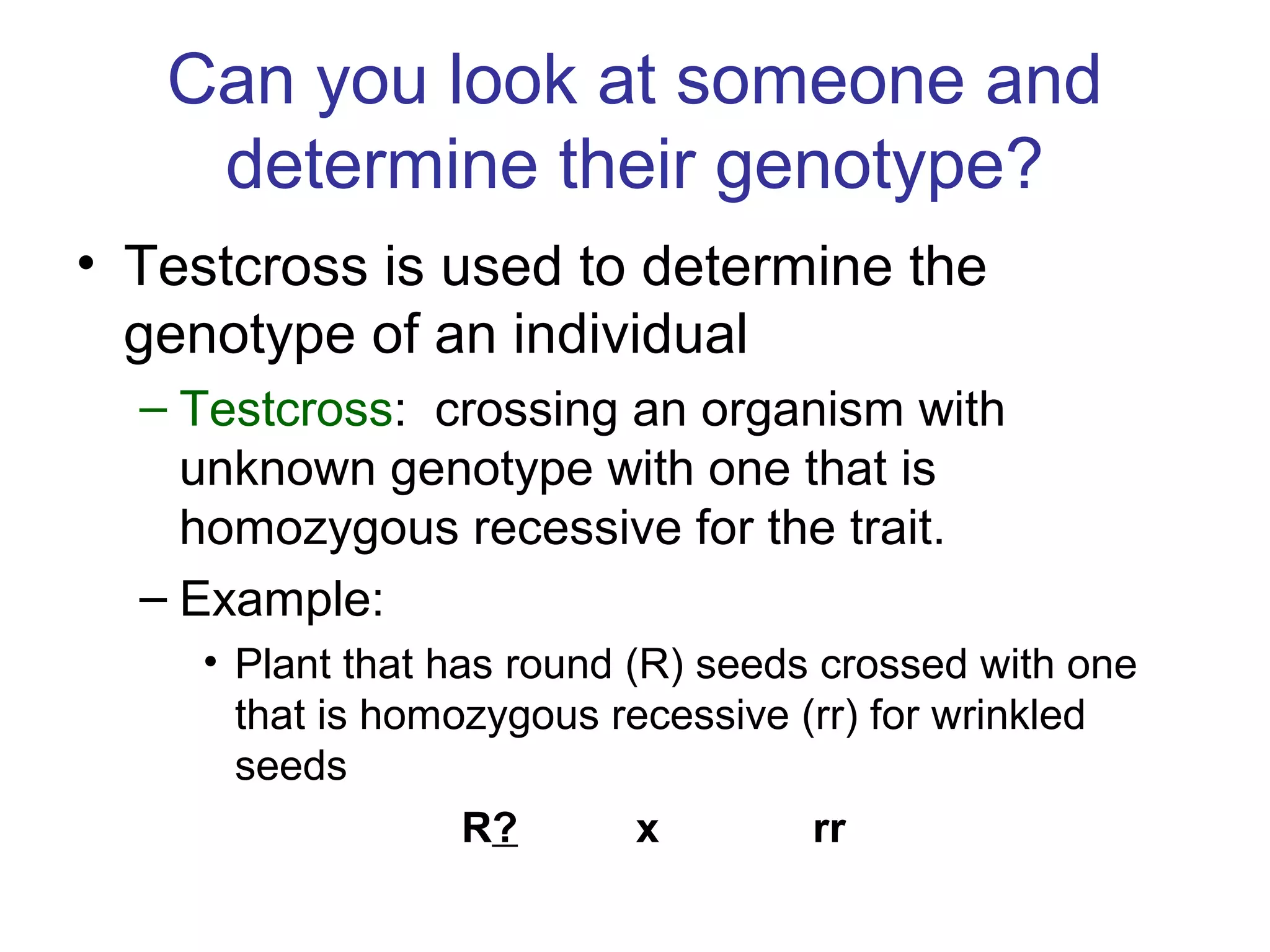 Can you look at someone and
determine their genotype?
• Testcross is used to determine the
genotype of an individual
– Testcross: crossing an organism with
unknown genotype with one that is
homozygous recessive for the trait.
– Example:
• Plant that has round (R) seeds crossed with one
that is homozygous recessive (rr) for wrinkled
seeds
R? x rr
 