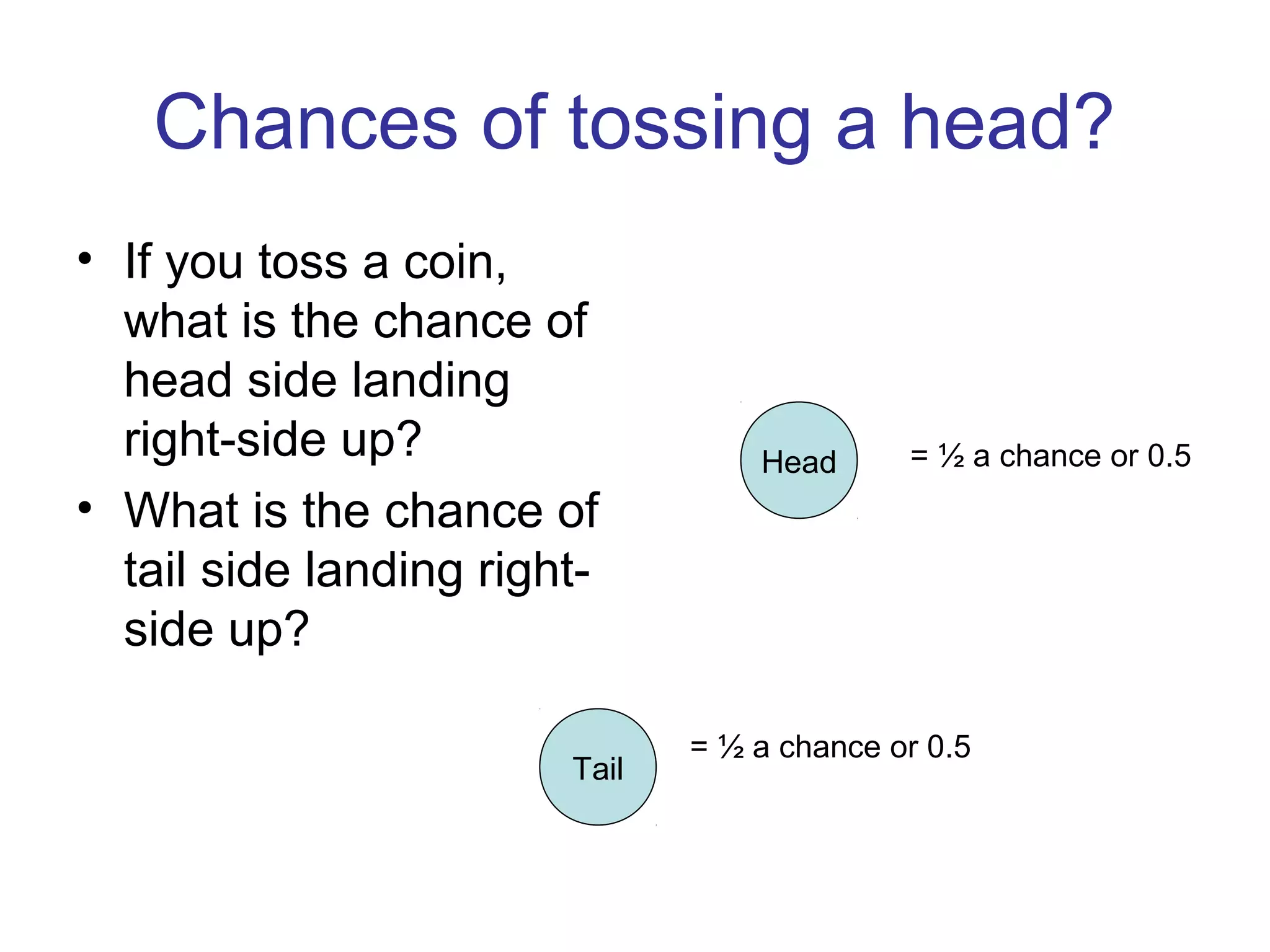 Chances of tossing a head?
• If you toss a coin,
what is the chance of
head side landing
right-side up?
• What is the chance of
tail side landing right-
side up?
Tail
Head = ½ a chance or 0.5
= ½ a chance or 0.5
 
