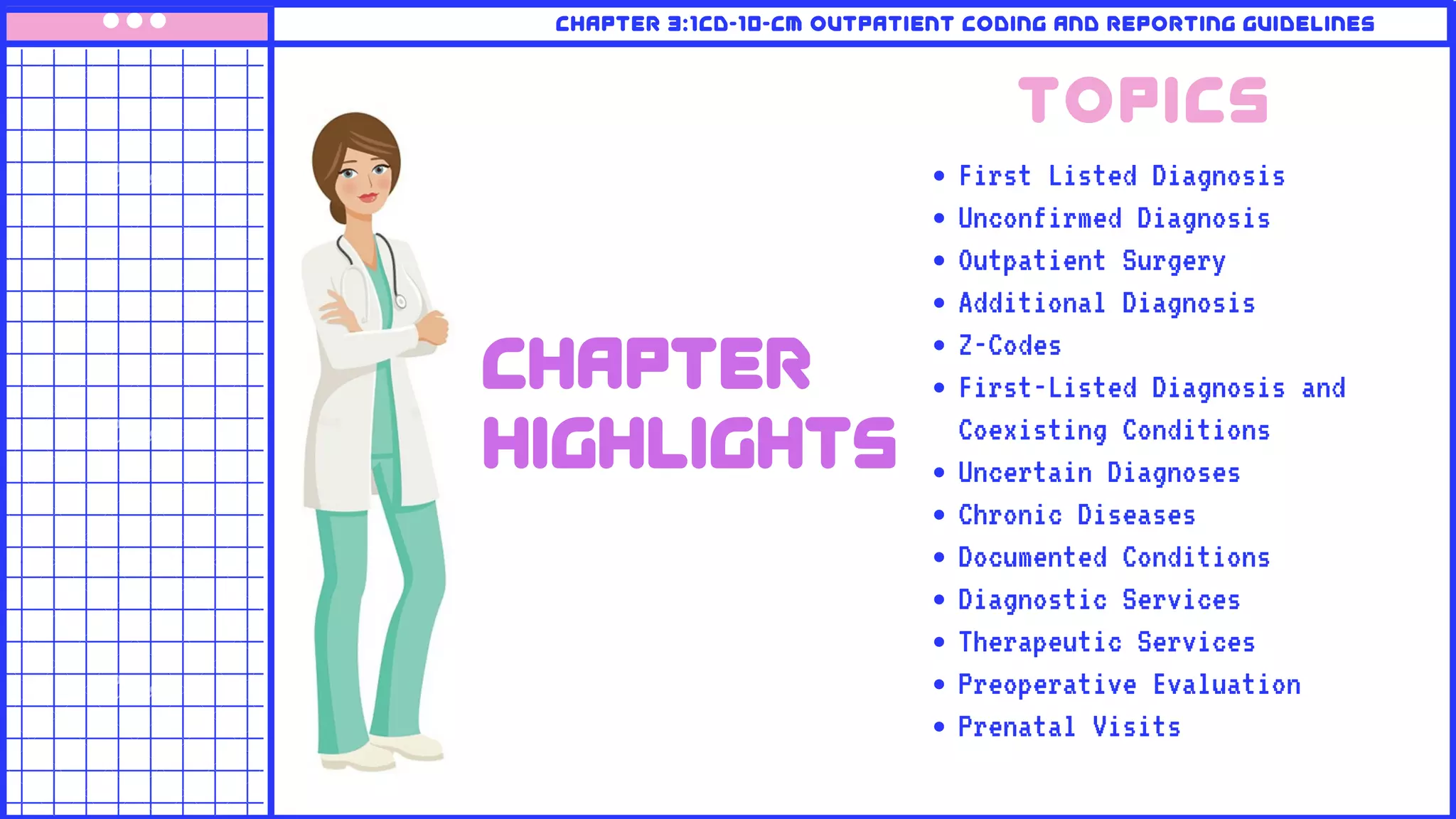 chapter
HIGHLIGHTS
tOPICS
First Listed Diagnosis
Unconfirmed Diagnosis
Outpatient Surgery
Additional Diagnosis
Z-Codes
First-Listed Diagnosis and
Coexisting Conditions
Uncertain Diagnoses
Chronic Diseases
Documented Conditions
Diagnostic Services
Therapeutic Services
Preoperative Evaluation
Prenatal Visits
Chapter 3:1cd-10-cm outpatient coding and reporting guidelines
 