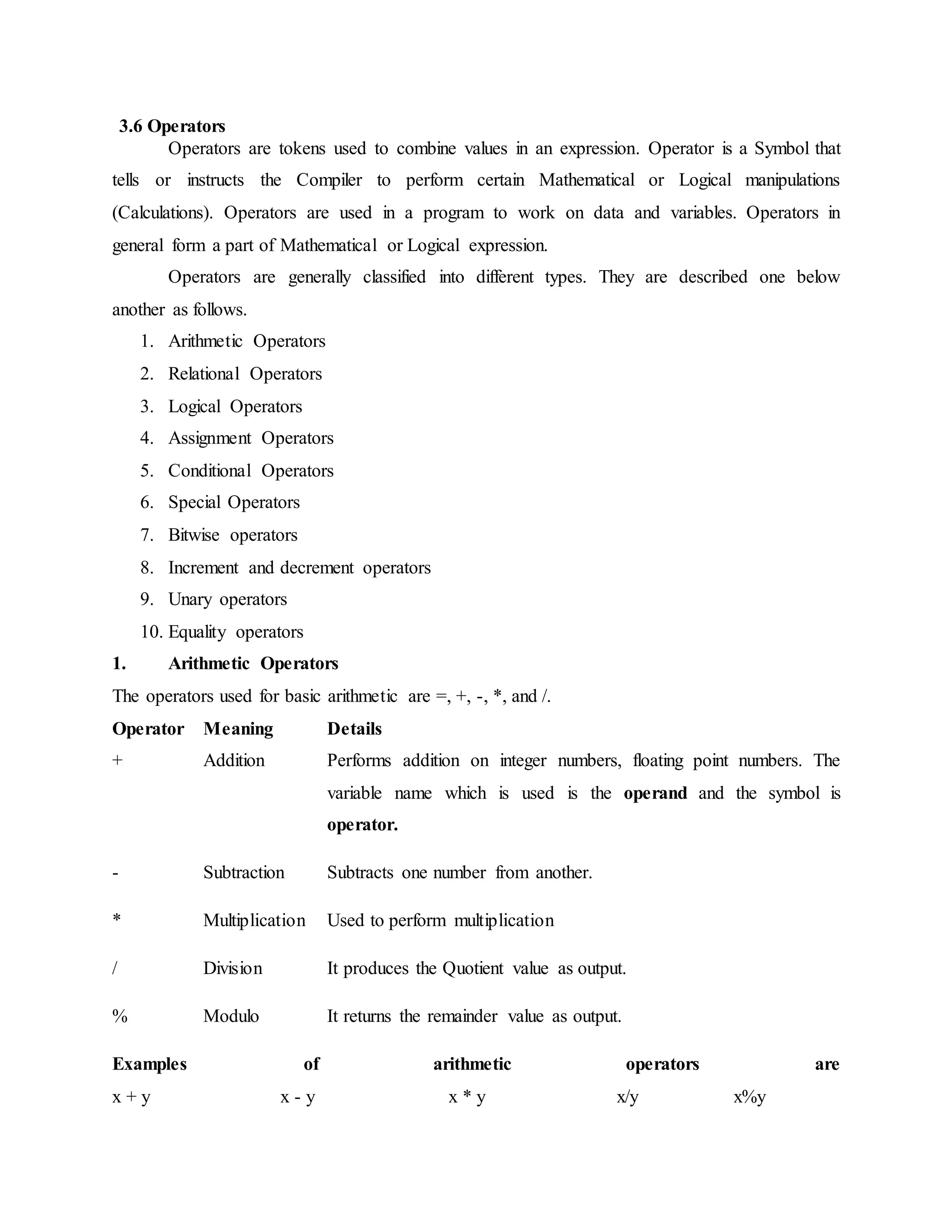 3.6 Operators
Operators are tokens used to combine values in an expression. Operator is a Symbol that
tells or instructs the Compiler to perform certain Mathematical or Logical manipulations
(Calculations). Operators are used in a program to work on data and variables. Operators in
general form a part of Mathematical or Logical expression.
Operators are generally classified into different types. They are described one below
another as follows.
1. Arithmetic Operators
2. Relational Operators
3. Logical Operators
4. Assignment Operators
5. Conditional Operators
6. Special Operators
7. Bitwise operators
8. Increment and decrement operators
9. Unary operators
10. Equality operators
1. Arithmetic Operators
The operators used for basic arithmetic are =, +, -, *, and /.
Operator Meaning Details
+ Addition Performs addition on integer numbers, floating point numbers. The
variable name which is used is the operand and the symbol is
operator.
- Subtraction Subtracts one number from another.
* Multiplication Used to perform multiplication
/ Division It produces the Quotient value as output.
% Modulo It returns the remainder value as output.
Examples of arithmetic operators are
x + y x - y x * y x/y x%y
 