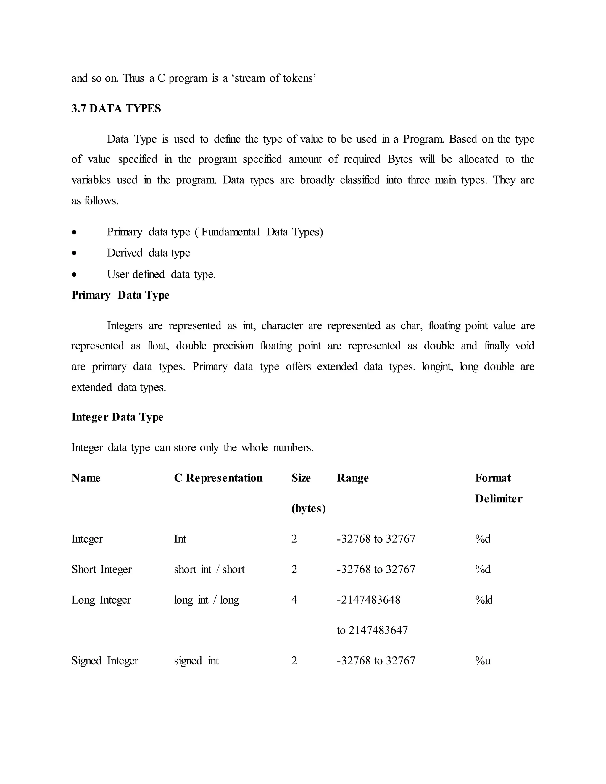 and so on. Thus a C program is a ‘stream of tokens’
3.7 DATA TYPES
Data Type is used to define the type of value to be used in a Program. Based on the type
of value specified in the program specified amount of required Bytes will be allocated to the
variables used in the program. Data types are broadly classified into three main types. They are
as follows.
 Primary data type ( Fundamental Data Types)
 Derived data type
 User defined data type.
Primary Data Type
Integers are represented as int, character are represented as char, floating point value are
represented as float, double precision floating point are represented as double and finally void
are primary data types. Primary data type offers extended data types. longint, long double are
extended data types.
Integer Data Type
Integer data type can store only the whole numbers.
Name C Representation Size
(bytes)
Range Format
Delimiter
Integer Int 2 -32768 to 32767 %d
Short Integer short int / short 2 -32768 to 32767 %d
Long Integer long int / long 4 -2147483648
to 2147483647
%ld
Signed Integer signed int 2 -32768 to 32767 %u
 