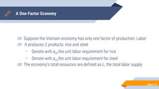 A One-Factor Economy
▰ Suppose the Vietnam economy has only one factor of production: Labor
▰ It produces 2 products: rice and steel
▻ Denote with aLR the unit labor requirement for rice
▻ Denote with aLS the unit labor requirement for steel
▰ The economy’s total resources are defined as L, the total labor supply
Slide 2-18
 
