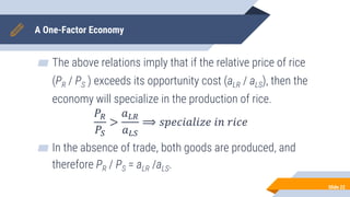 A One-Factor Economy
▰ The above relations imply that if the relative price of rice
(PR / PS ) exceeds its opportunity cost (aLR / aLS), then the
economy will specialize in the production of rice.
𝑃𝑅
𝑃𝑆
>
𝑎𝐿𝑅
𝑎𝐿𝑆
⟹ 𝑠𝑝𝑒𝑐𝑖𝑎𝑙𝑖𝑧𝑒 𝑖𝑛 𝑟𝑖𝑐𝑒
▰ In the absence of trade, both goods are produced, and
therefore PR / PS = aLR /aLS.
Slide 22
 