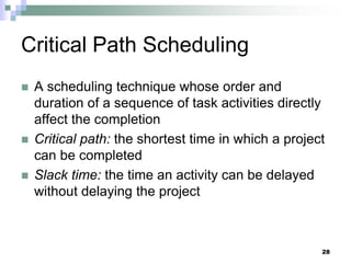 Critical Path Scheduling
 A scheduling technique whose order and
duration of a sequence of task activities directly
affect the completion
 Critical path: the shortest time in which a project
can be completed
 Slack time: the time an activity can be delayed
without delaying the project
28
 