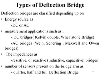 Types of Deflection Bridge
Deflection bridges are classified depending up on
• Energy source as
-DC or AC
• measurement applications such as ,
- DC bridges( Kelvin double, Wheatstone Bridge)
-AC bridges (Wein, Schering , Maxwell and Owen
bridges)
• The impedances as
-resistive, or reactive (inductive, capacitive) bridges
• number of sensors present on the bridge arm as
- quarter, half and full Deflection Bridge 11
 