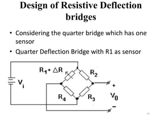 Design of Resistive Deflection
bridges
• Considering the quarter bridge which has one
sensor
• Quarter Deflection Bridge with R1 as sensor
14
 