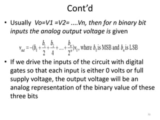 Cont’d
• Usually Vo=V1 =V2= ....Vn, then for n binary bit
inputs the analog output voltage is given
• If we drive the inputs of the circuit with digital
gates so that each input is either 0 volts or full
supply voltage, the output voltage will be an
analog representation of the binary value of these
three bits
70
 