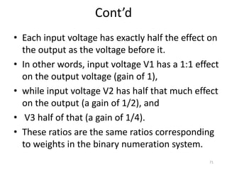 Cont’d
• Each input voltage has exactly half the effect on
the output as the voltage before it.
• In other words, input voltage V1 has a 1:1 effect
on the output voltage (gain of 1),
• while input voltage V2 has half that much effect
on the output (a gain of 1/2), and
• V3 half of that (a gain of 1/4).
• These ratios are the same ratios corresponding
to weights in the binary numeration system.
71
 