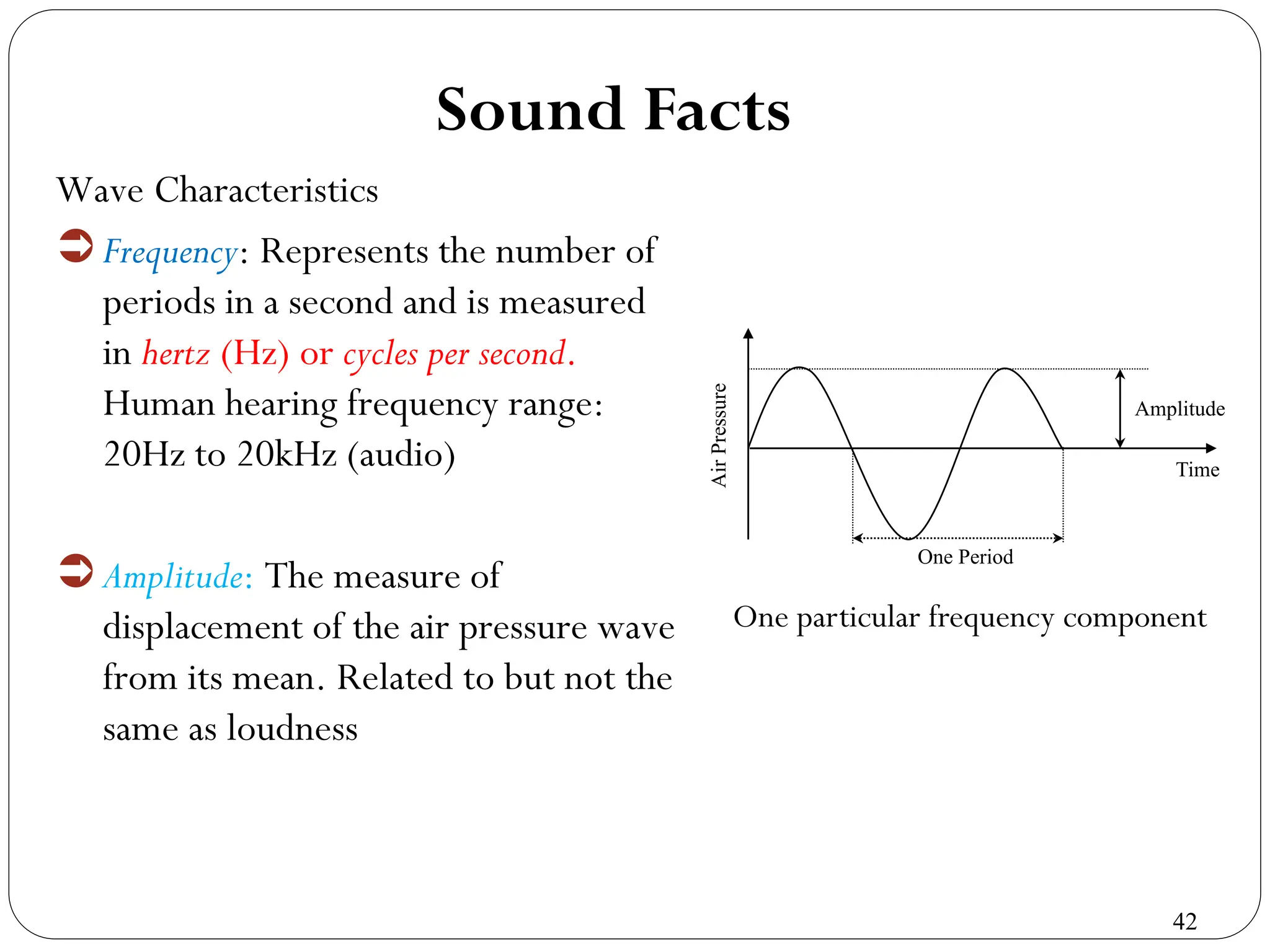 42
Sound Facts
Wave Characteristics
Frequency: Represents the number of
periods in a second and is measured
in hertz (Hz) or cycles per second.
Human hearing frequency range:
20Hz to 20kHz (audio)
Amplitude: The measure of
displacement of the air pressure wave
from its mean. Related to but not the
same as loudness
Time
Amplitude
One Period
Air
Pressure
One particular frequency component
 