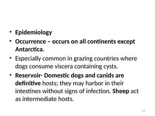 107
• Epidemiology
• Occurrence – occurs on all continents except
Antarctica.
• Especially common in grazing countries where
dogs consume viscera containing cysts.
• Reservoir- Domestic dogs and canids are
definitive hosts; they may harbor in their
intestines without signs of infection. Sheep act
as intermediate hosts.
 