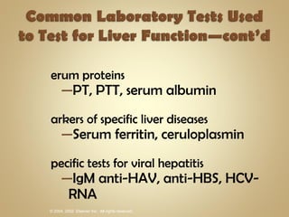Serum proteins PT, PTT, serum albumin Markers of specific liver diseases Serum ferritin, ceruloplasmin Specific tests for viral hepatitis IgM anti-HAV, anti-HBS, HCV-RNA 