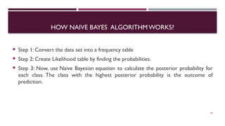 HOW NAIVE BAYES ALGORITHM WORKS?
 Step 1: Convert the data set into a frequency table
 Step 2: Create Likelihood table by finding the probabilities.
 Step 3: Now, use Naive Bayesian equation to calculate the posterior probability for
each class. The class with the highest posterior probability is the outcome of
prediction.
40
 