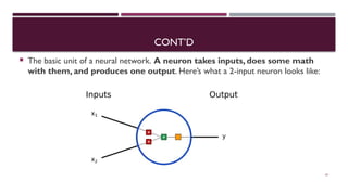 CONT’D
 The basic unit of a neural network. A neuron takes inputs, does some math
with them, and produces one output. Here’s what a 2-input neuron looks like:
61
 
