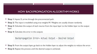 HOW BACKPROPAGATION ALGORITHMWORKS
 Step 1: Inputs X, arrive through the preconnected path.
 Step 2: The input is modelled using true weightsW. Weights are usually chosen randomly.
 Step 3: Calculate the output of each neuron from the input layer to the hidden layer to the output
layer.
 Step 4: Calculate the error in the outputs
 Step 5: From the output layer, go back to the hidden layer to adjust the weights to reduce the error.
 Step 6: Repeat the process until the desired output is achieved. 66
 