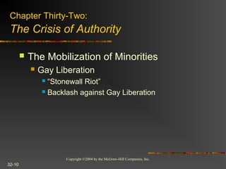 Copyright ©2004 by the McGraw-Hill Companies, Inc.
32-10
 The Mobilization of Minorities
 Gay Liberation
 “Stonewall Riot”
 Backlash against Gay Liberation
Chapter Thirty-Two:
The Crisis of Authority
 