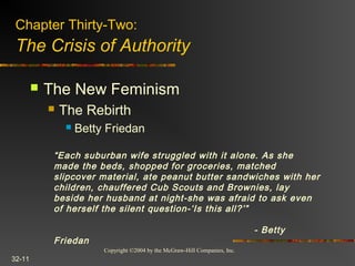 Copyright ©2004 by the McGraw-Hill Companies, Inc.
32-11
 The New Feminism
 The Rebirth
 Betty Friedan
Chapter Thirty-Two:
The Crisis of Authority
“Each suburban wife struggled with it alone. As she
made the beds, shopped for groceries, matched
slipcover material, ate peanut butter sandwiches with her
children, chauffered Cub Scouts and Brownies, lay
beside her husband at night-she was afraid to ask even
of herself the silent question-‘Is this all?’”
- Betty
Friedan
 